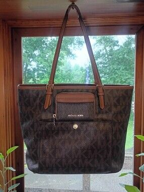 Michael Kors Jet Set Medium Pocket Tote & Matching Wallet Set - Brown Monogram